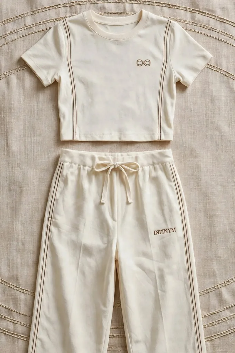 Ensemble Infinym écru : crop top et pantalon large, à plat